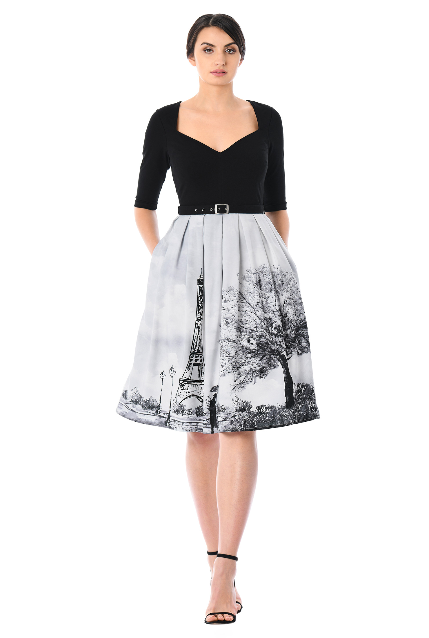 Shop Paris print belted mixed media dress eShakti