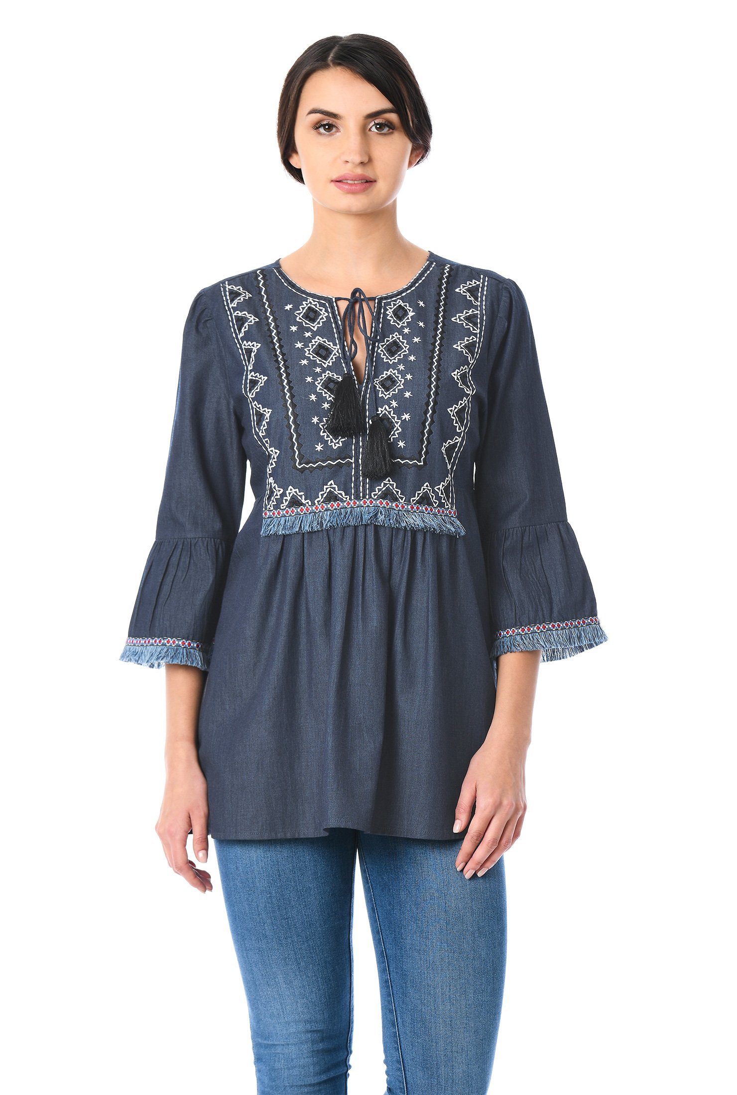 Shop Embellished bib cotton chambray top | eShakti