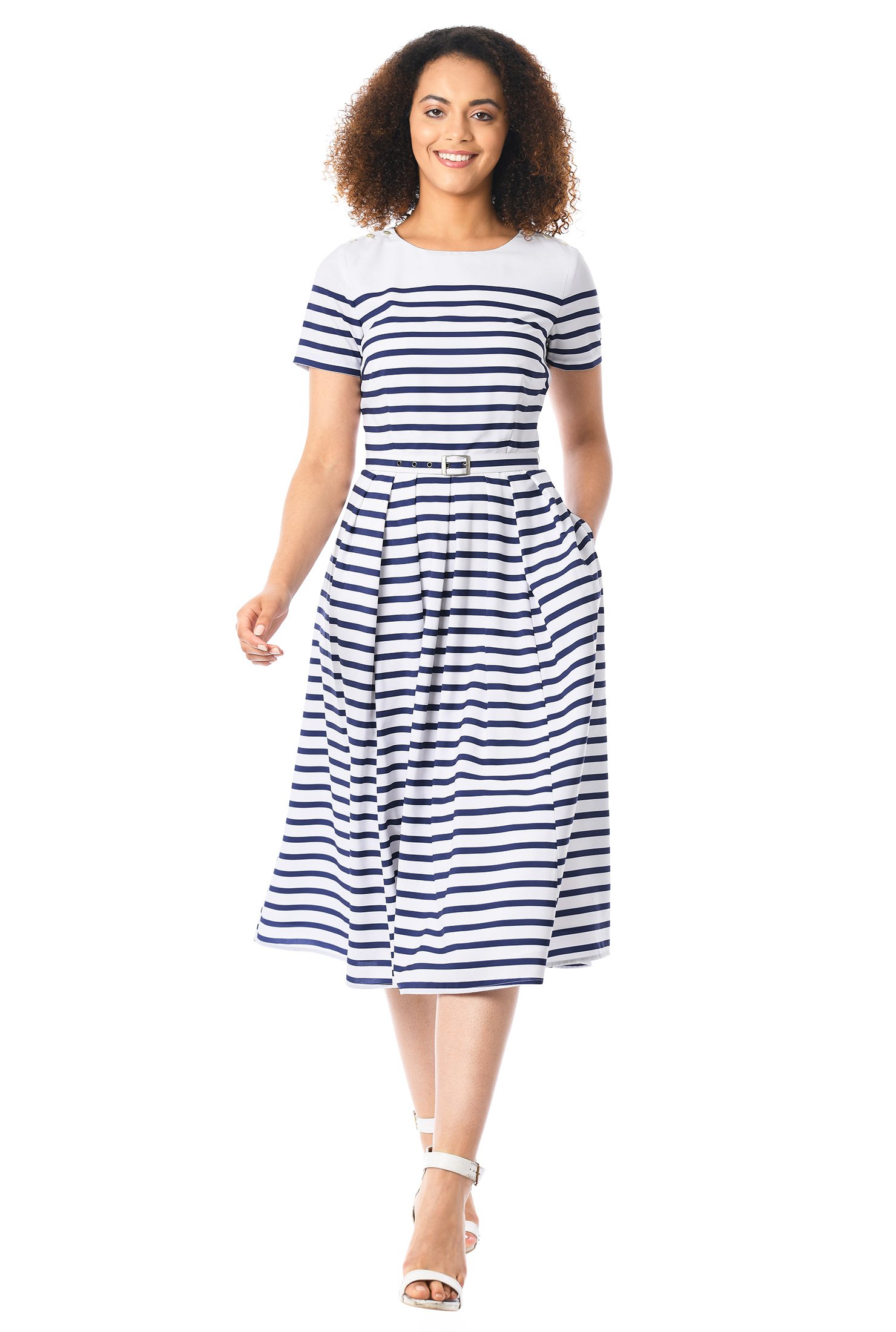 Shop Button shoulder stripe print crepe belted dress | eShakti