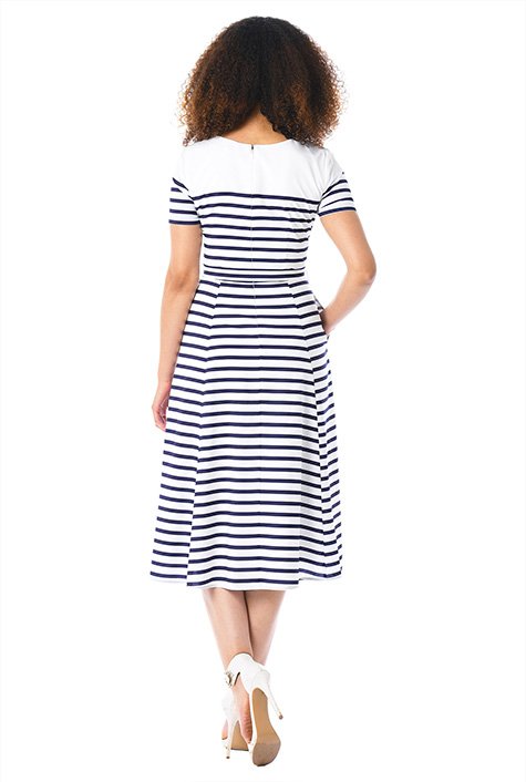 Shop Button shoulder stripe print crepe belted dress | eShakti