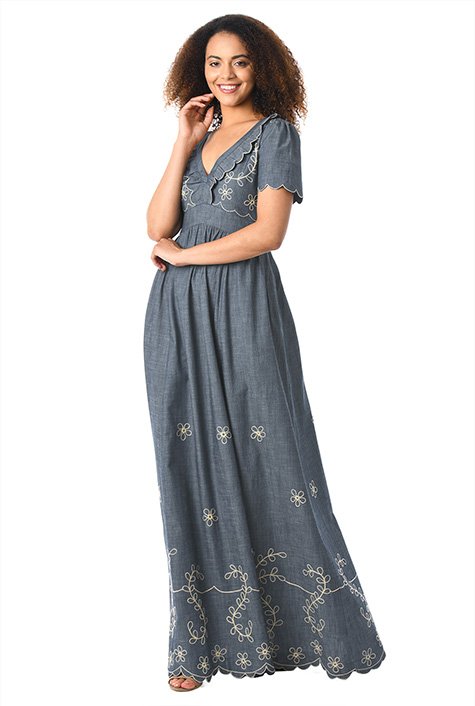 Shop Floral Embellished Cotton Chambray Maxi Dress Eshakti