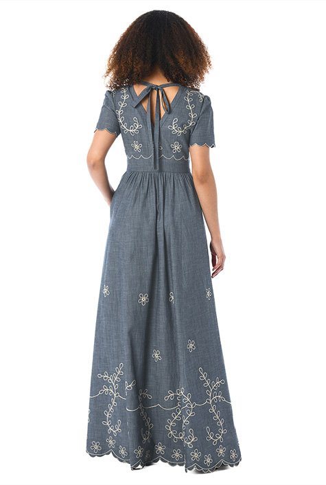 Shop Floral embellished cotton chambray maxi dress | eShakti