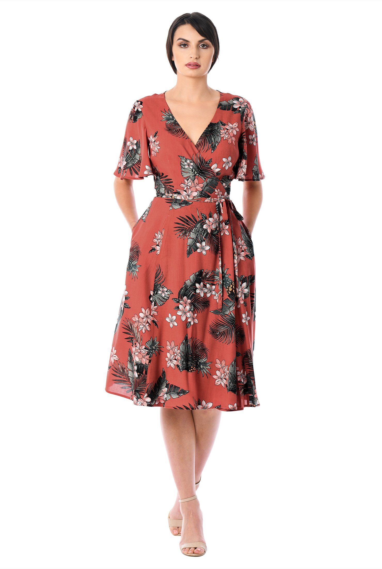 Shop Flutter sleeve floral print wrap dress | eShakti