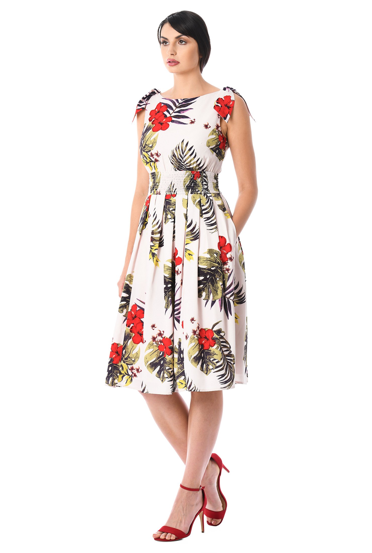 Shop Shoulder ties beaded floral print crepe dress | eShakti