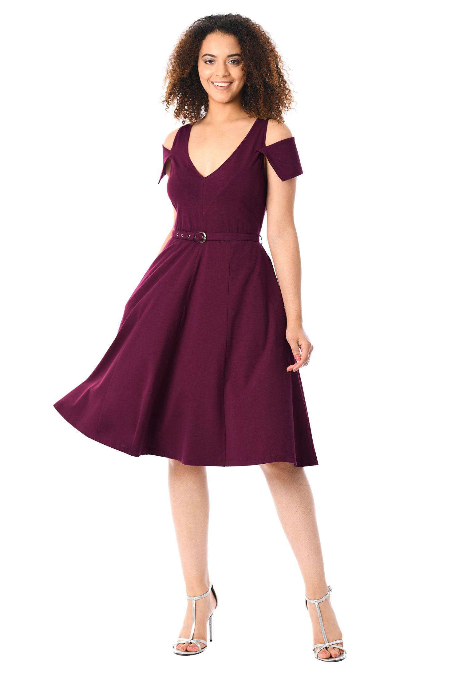 Shop Cold-shoulder cotton knit belted dress | eShakti