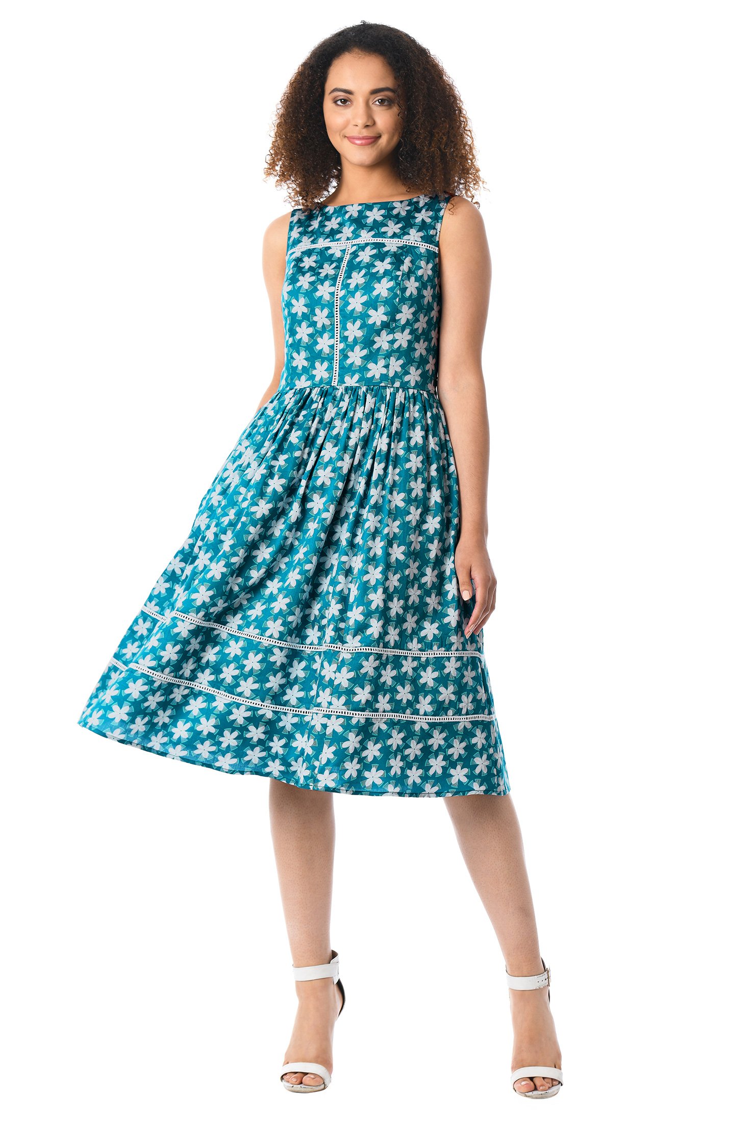Shop Floral print lattice trim cotton dress | eShakti