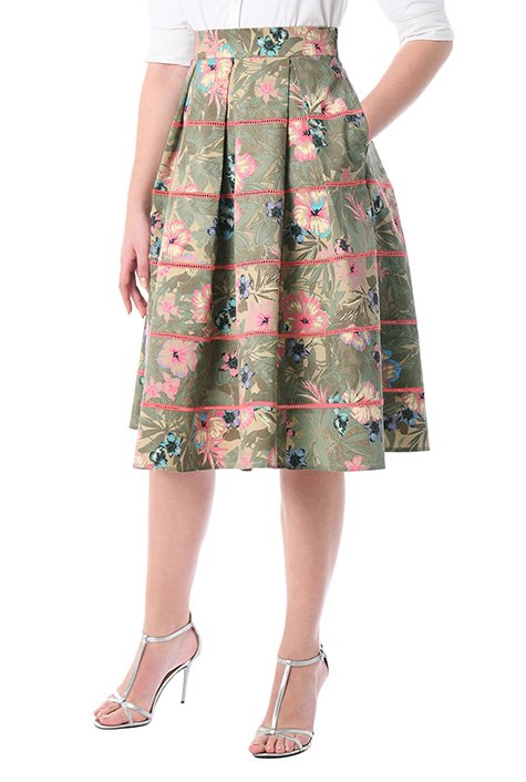 Shop Lattice trim floral print cotton twill skirt | eShakti