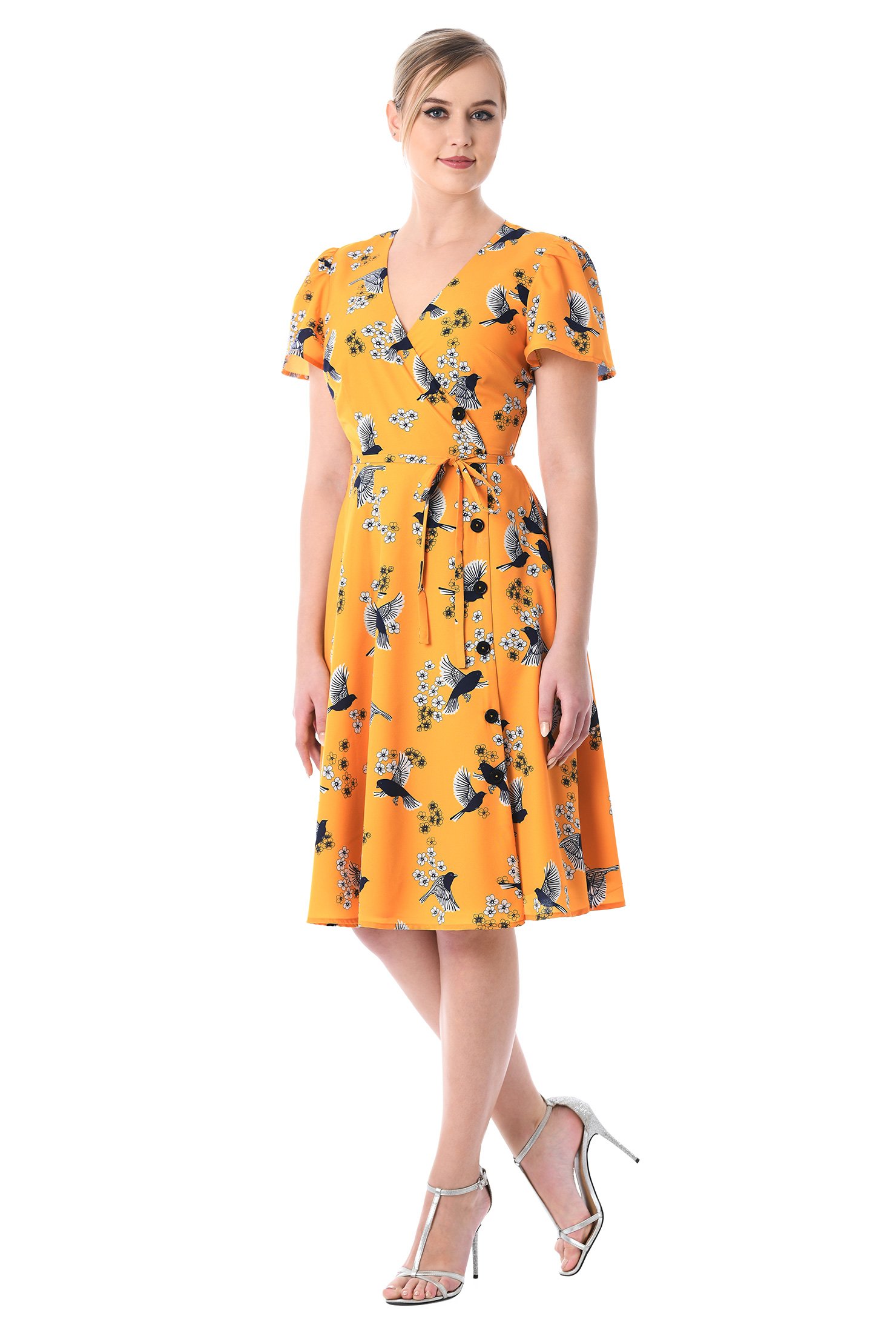 Shop Bird and floral print crepe midi wrap dress | eShakti