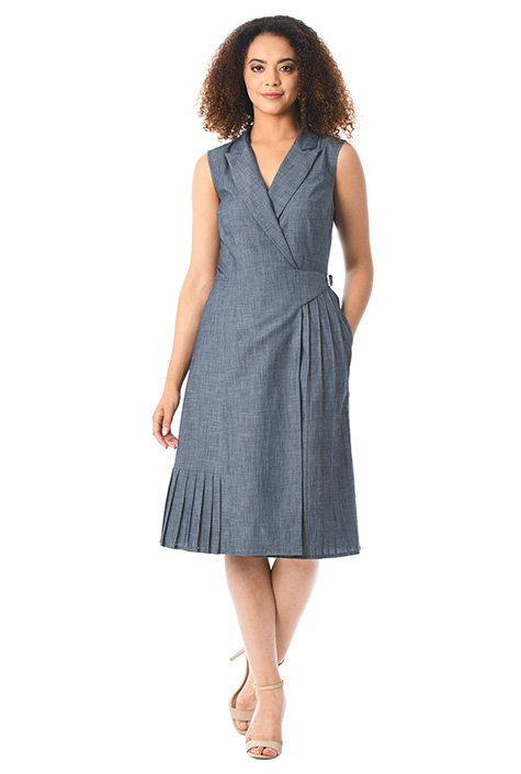 Shop Cotton chambray pleated wrap dress | eShakti