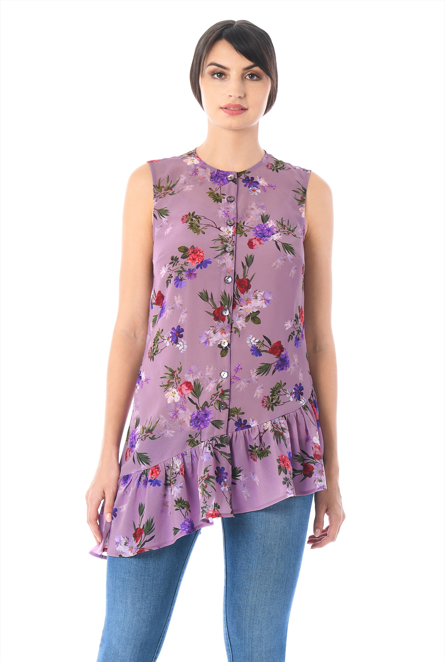Shop Asymmetric ruffle hem floral print georgette top | eShakti
