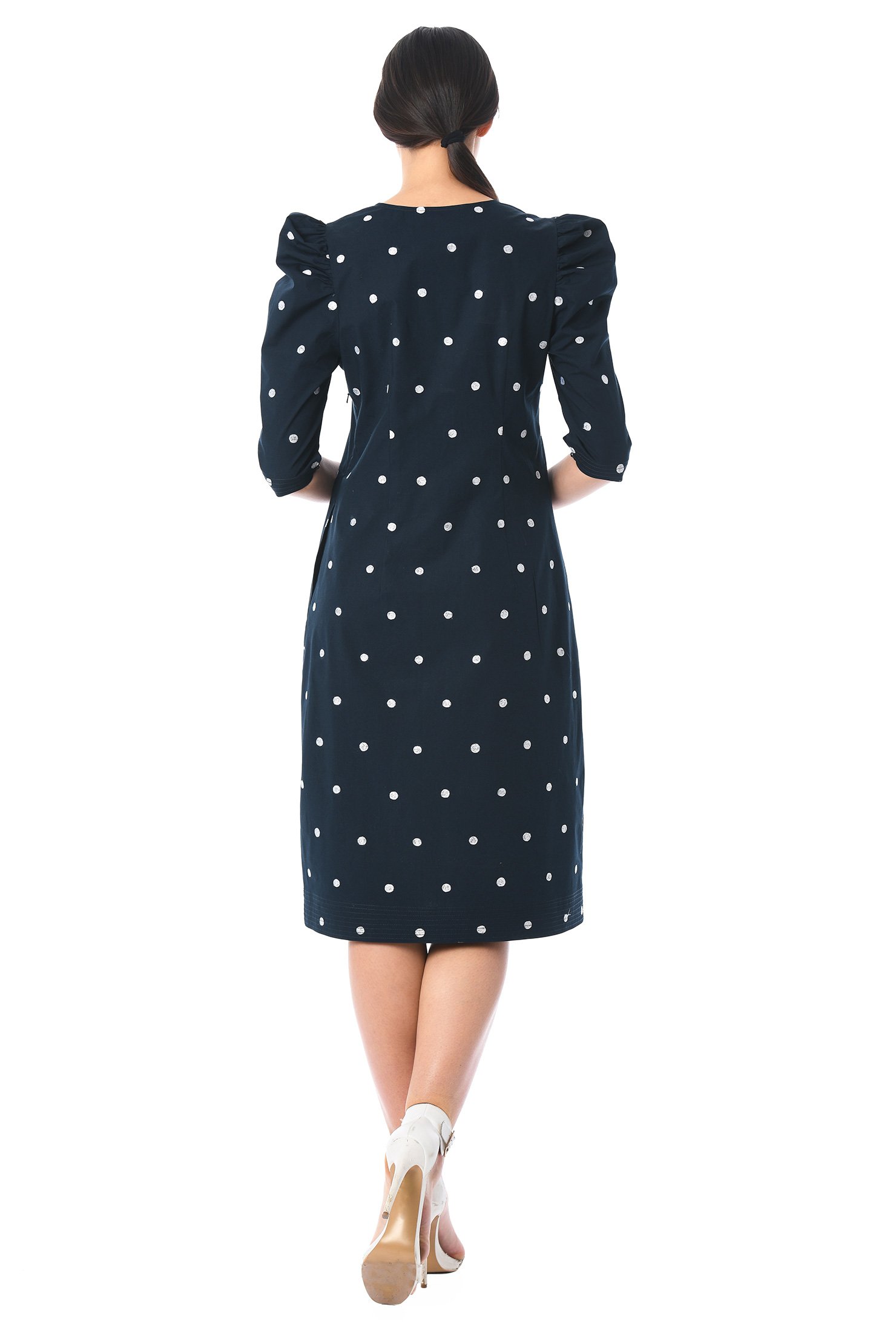 Shop Puff sleeve embellished polka dot poplin shift dress | eShakti