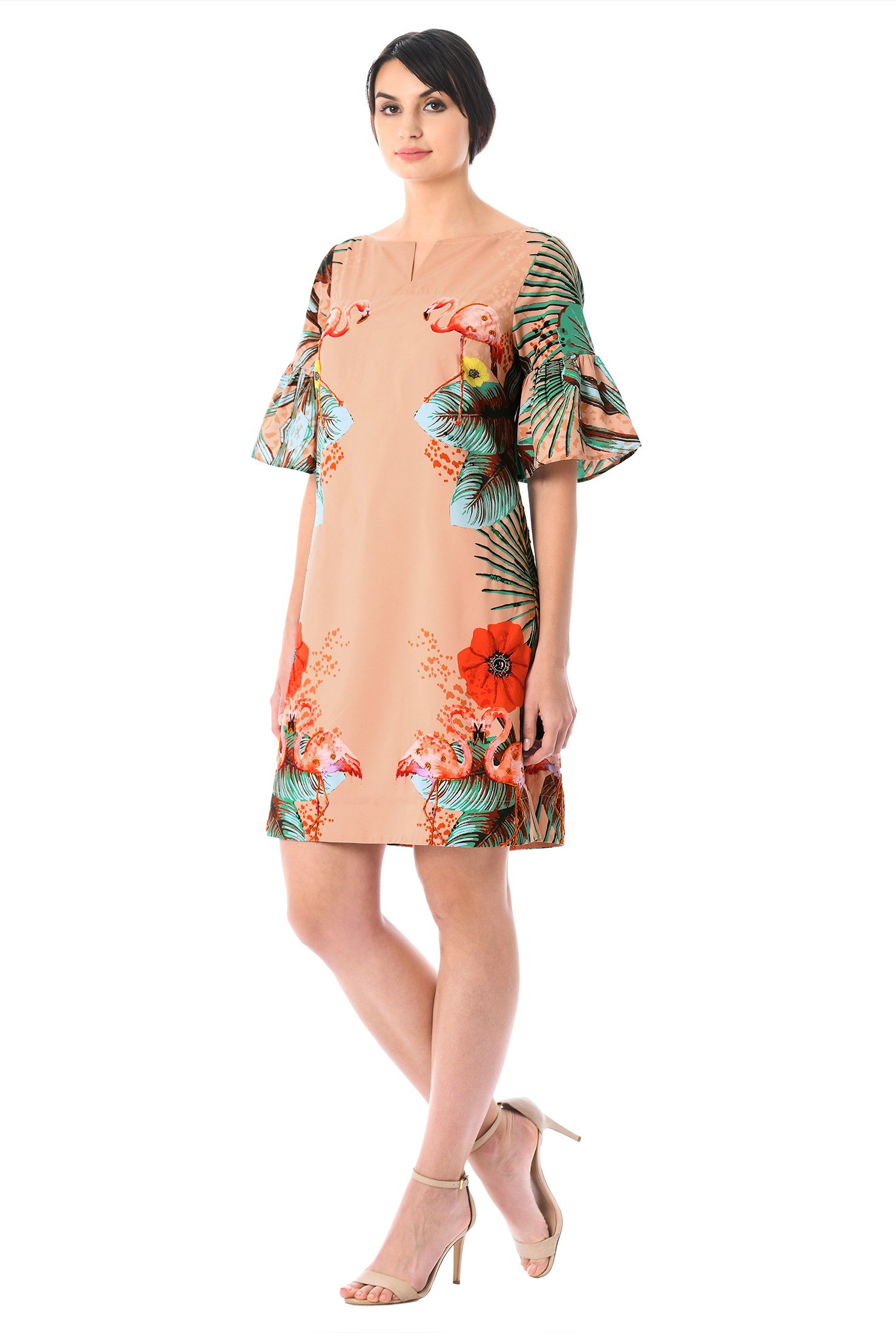 Shop Beaded flamingo floral print crepe shift dress | eShakti