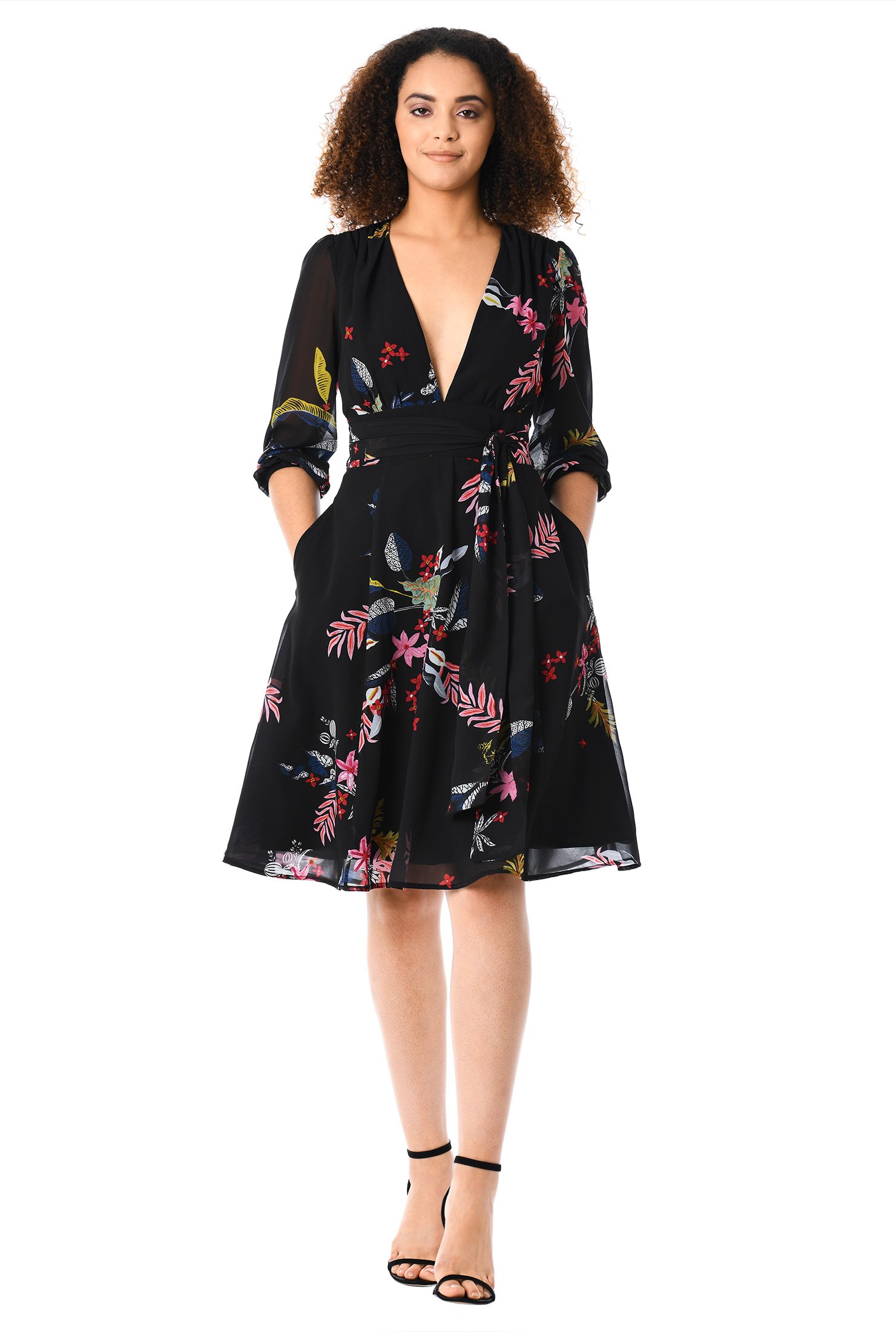 Shop Beaded floral print georgette plunge dress | eShakti