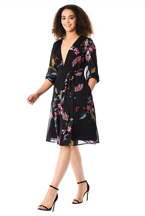 Shop Beaded floral print georgette plunge dress | eShakti