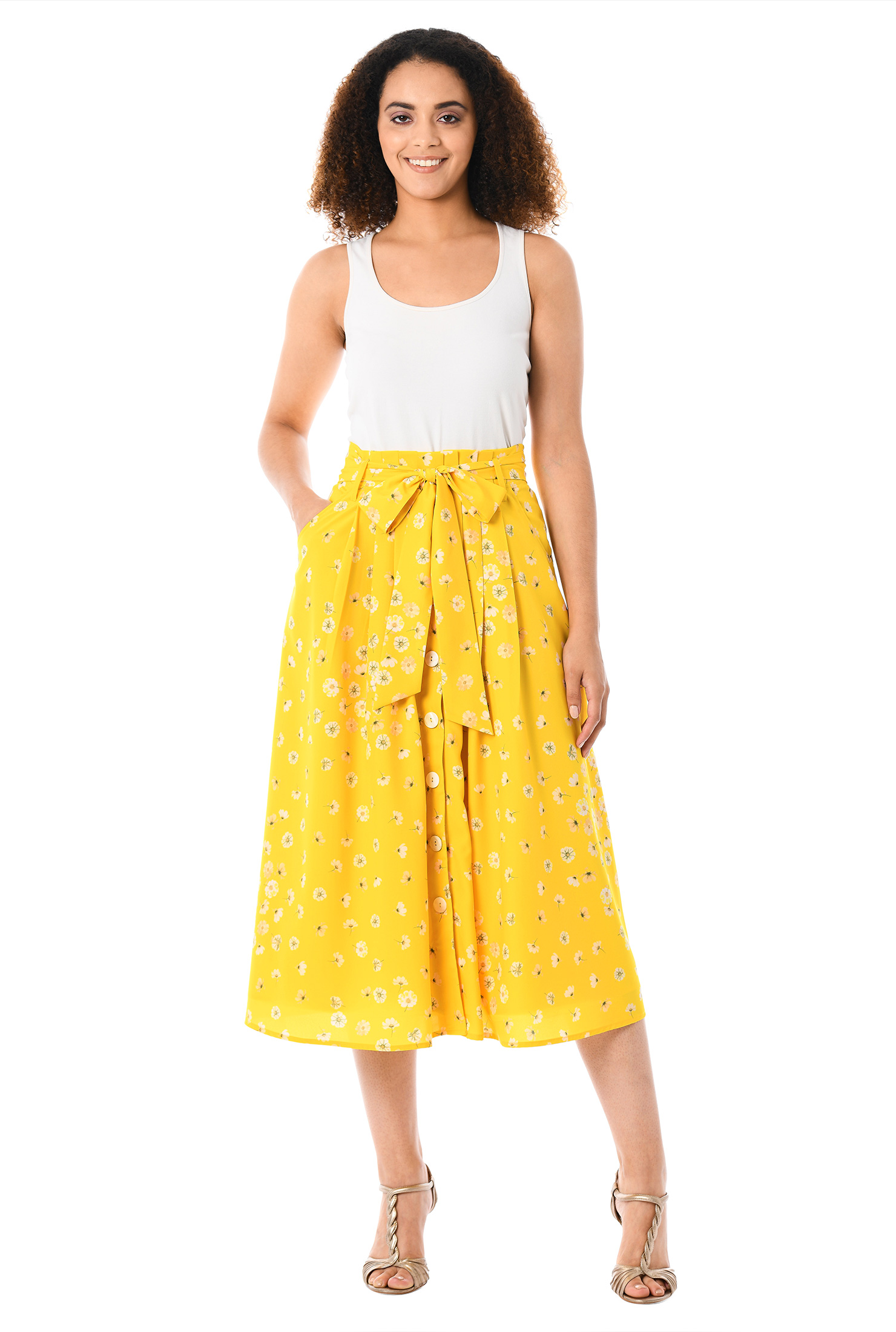 Shop Floral print crepe paperbag waist skirt eShakti