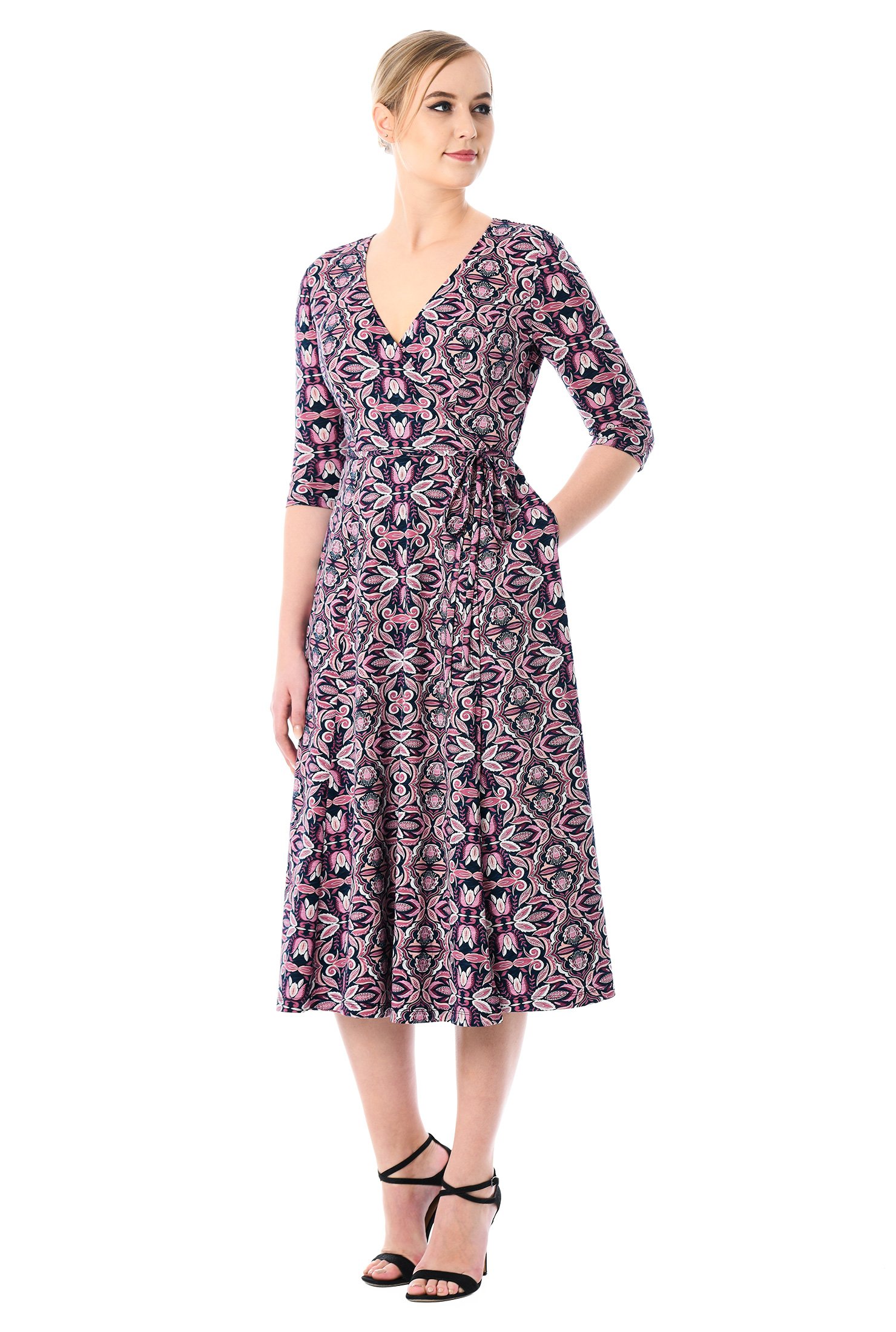 Shop Ornate leaf print cotton knit wrap dress | eShakti