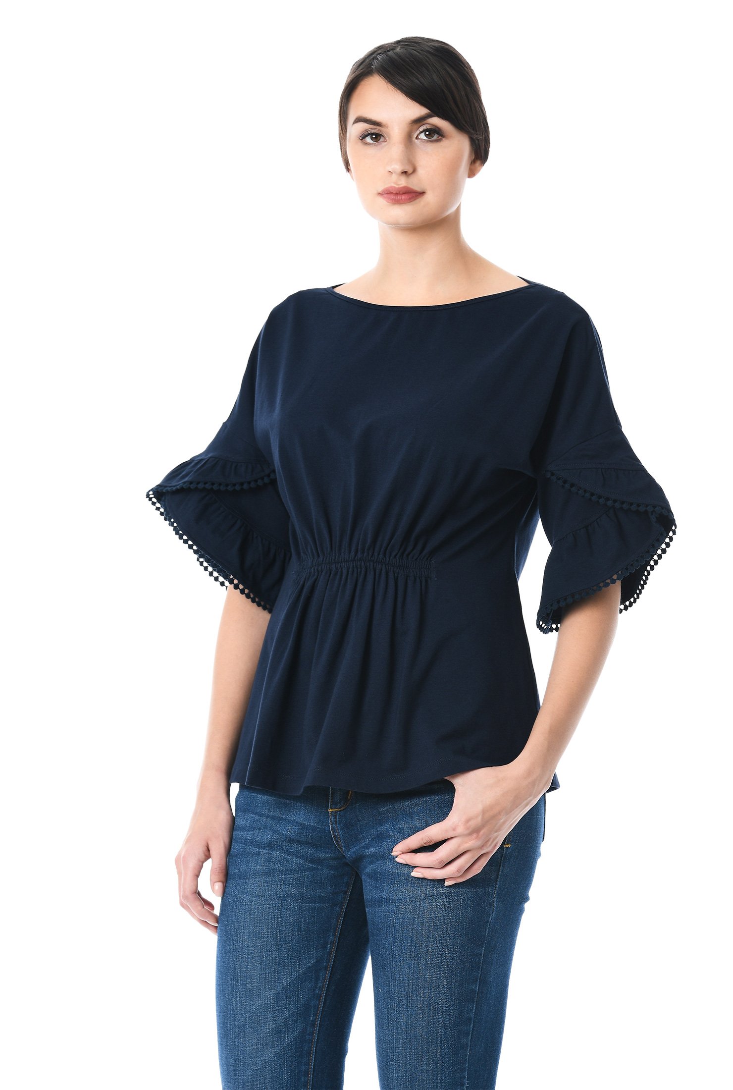 Shop Ruffle cuff elastic waist cotton knit top | eShakti