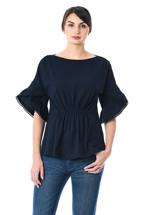 Shop Ruffle cuff elastic waist cotton knit top | eShakti