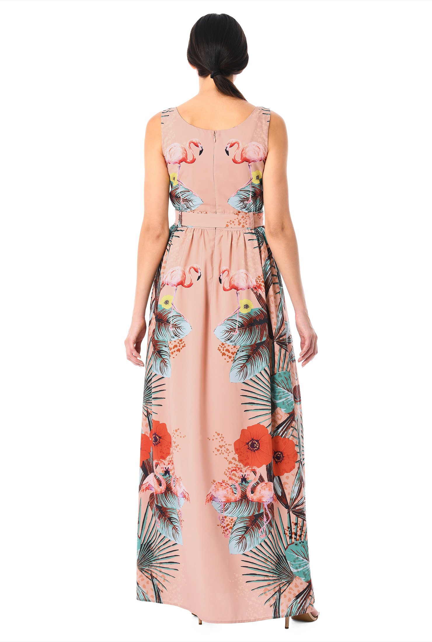 Shop Beaded flamingo floral print crepe belted dress | eShakti