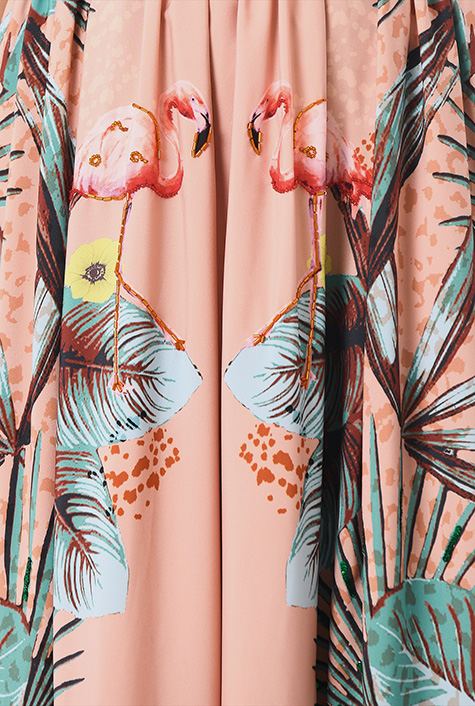 Shop Beaded flamingo floral print crepe belted dress | eShakti