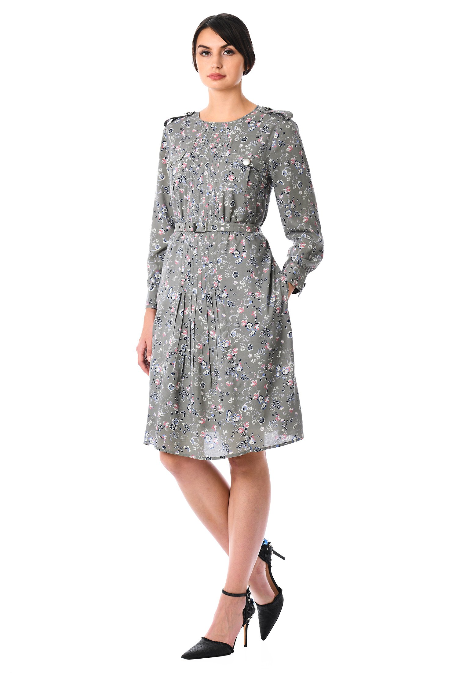 Shop Pintuck pleat floral print belted shift dress | eShakti