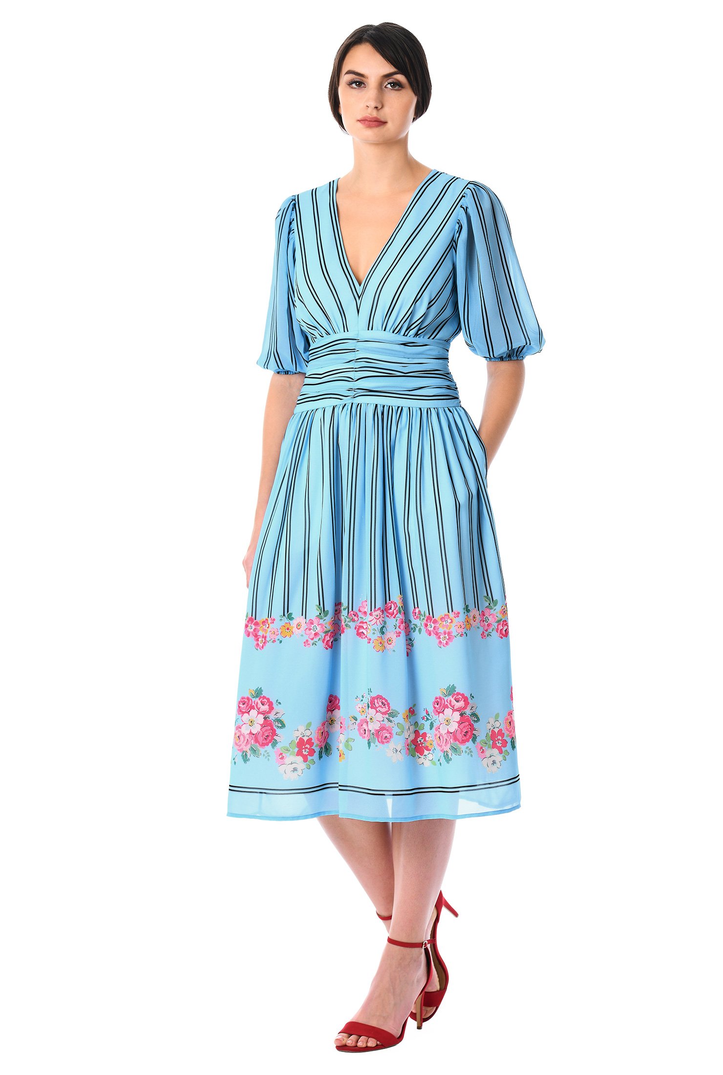 Shop Stripe and floral print pleat waist georgette dress | eShakti