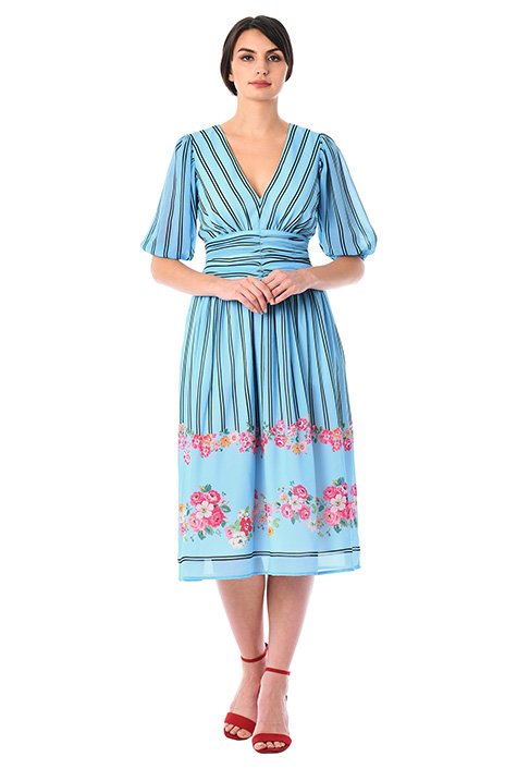 Shop Stripe and floral print pleat waist georgette dress | eShakti