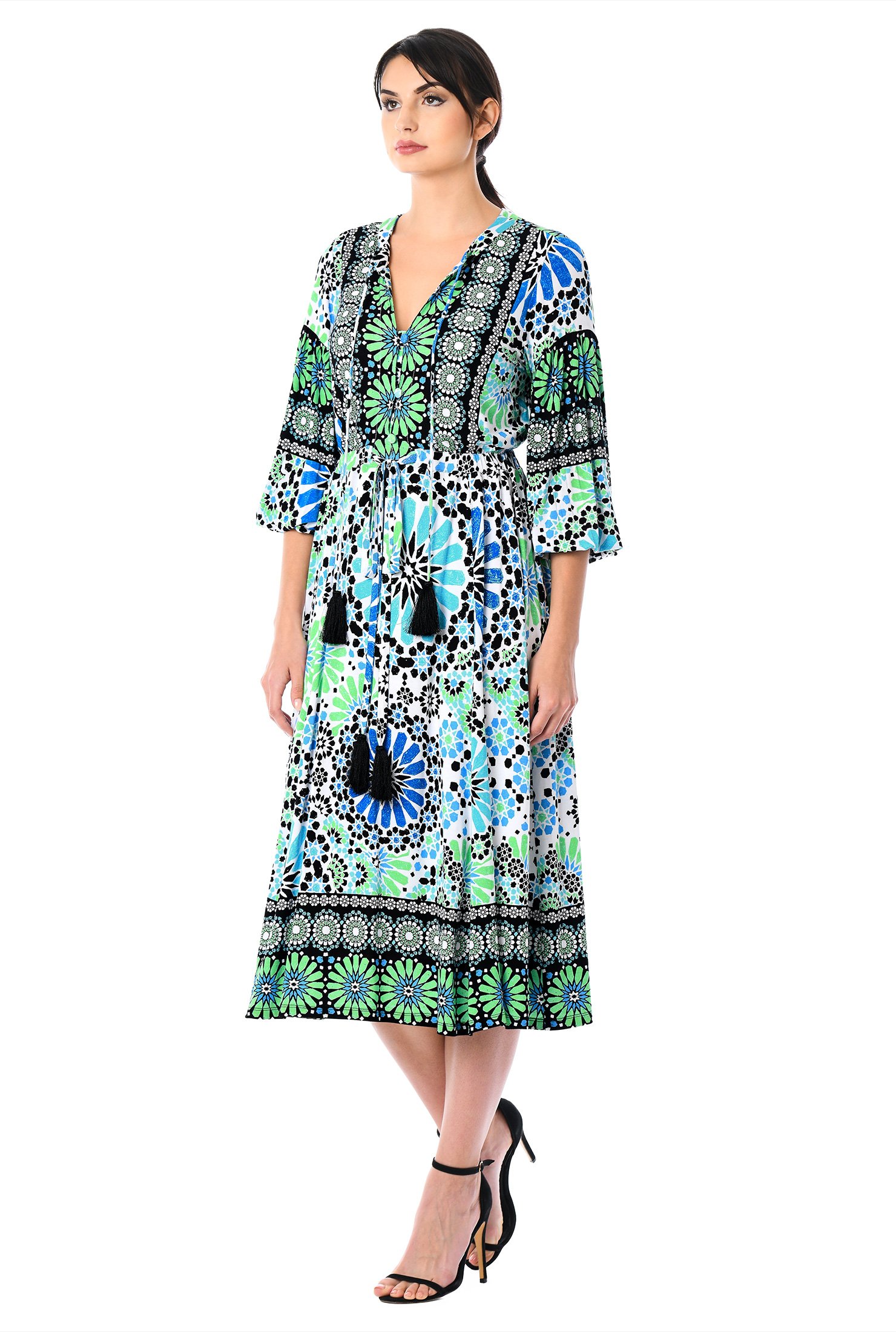 Shop Tile print ruched sleeve cotton knit dress | eShakti