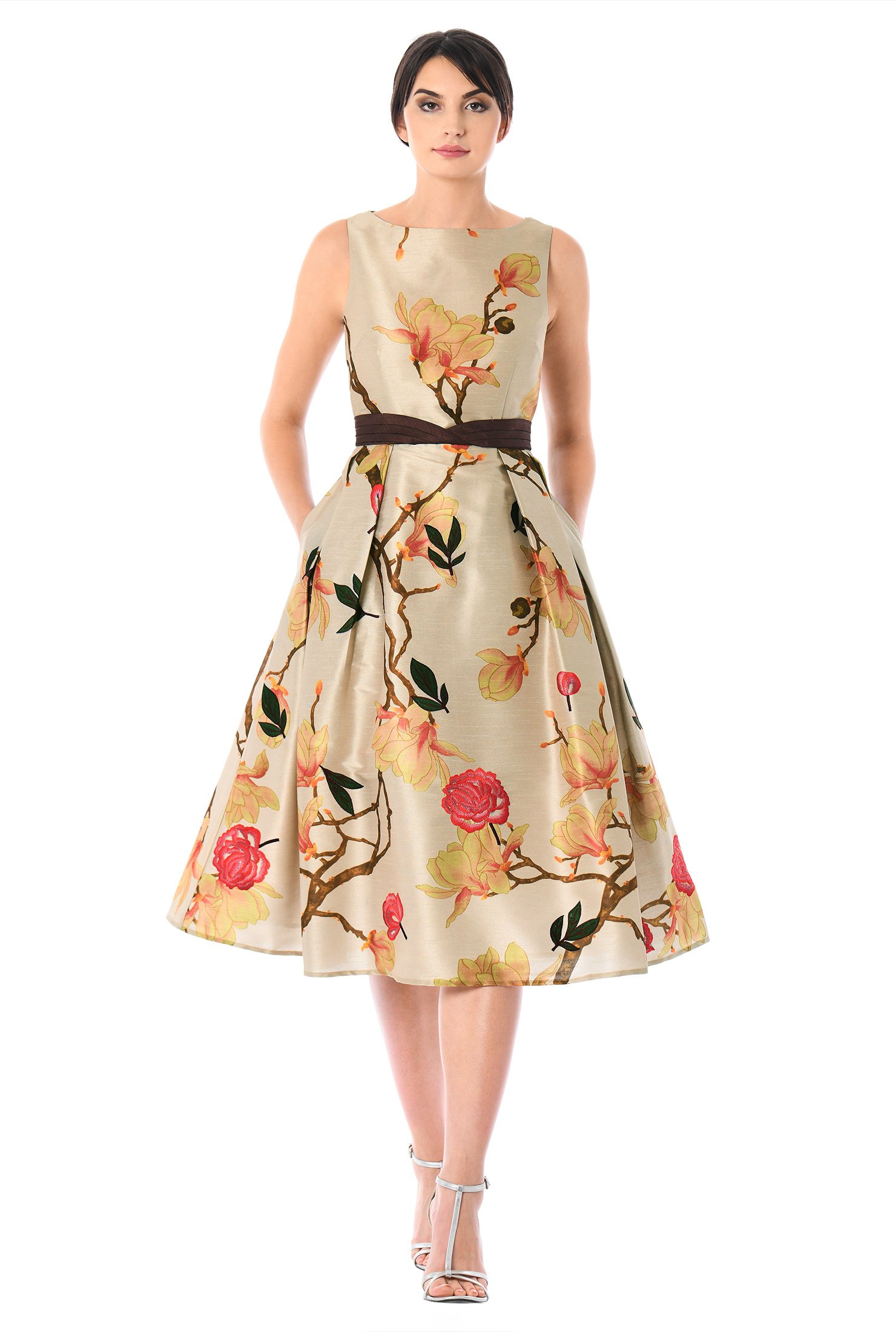 Shop Floral print curved pleat waist dupioni dress | eShakti