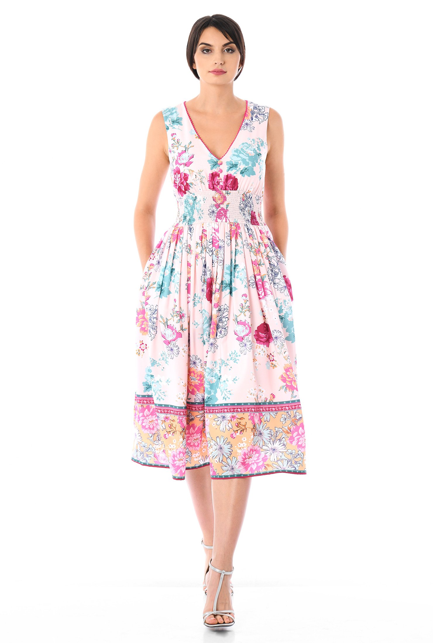 Shop Floral print crepe smocked waist dress | eShakti