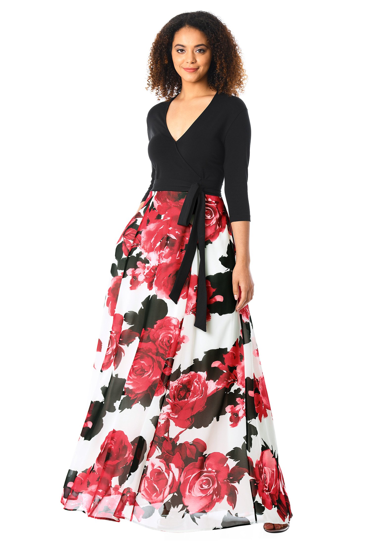Shop Rose print mixed media maxi dress | eShakti