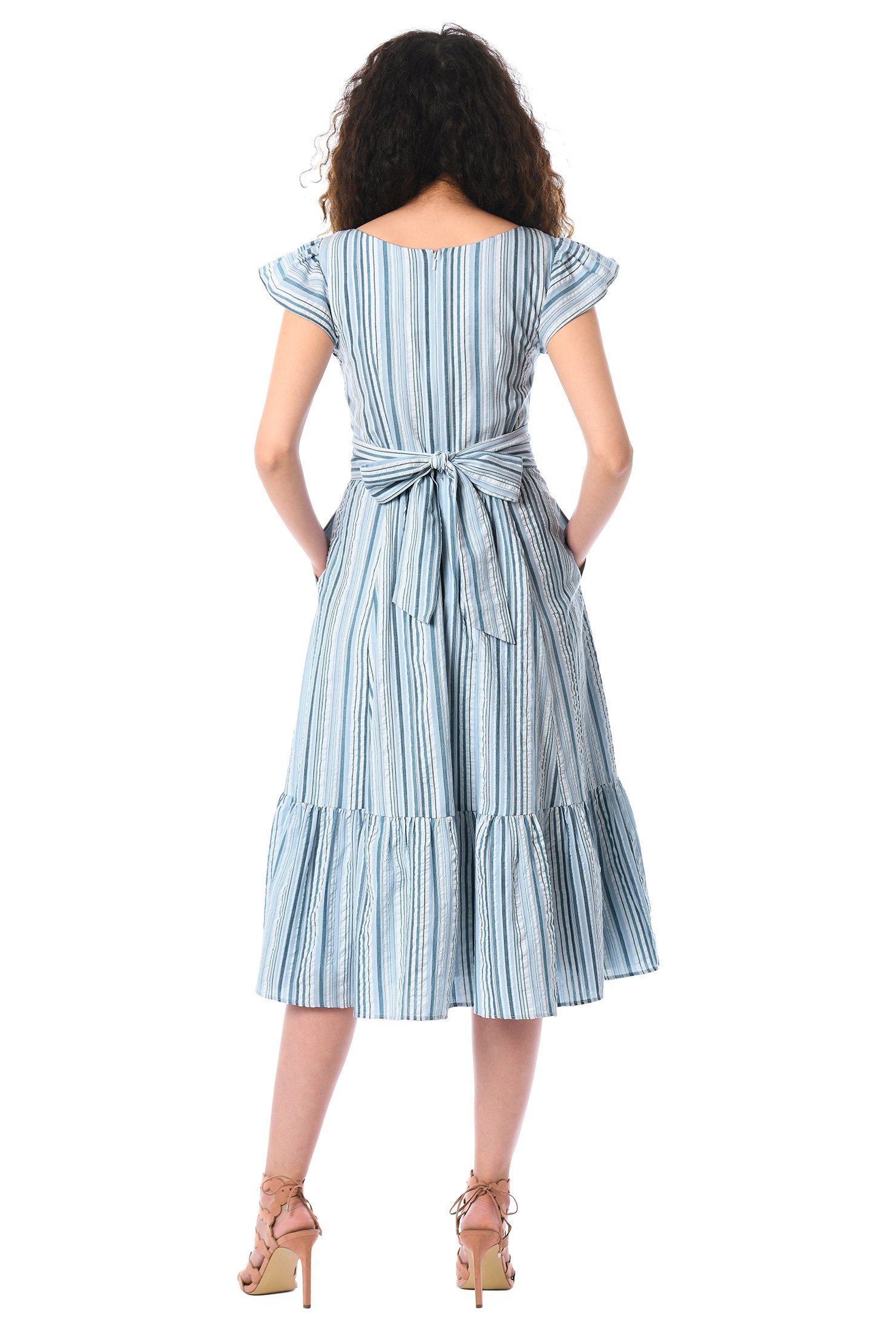 Shop Flutter Sleeve Cotton Seersucker Stripe Dress Eshakti