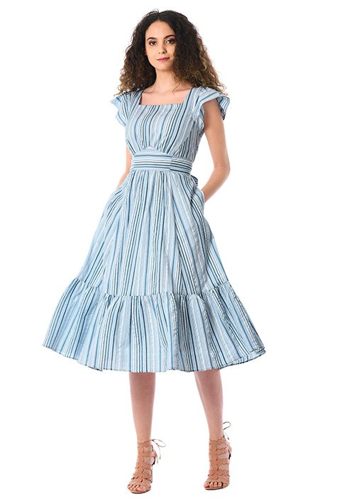 Shop Flutter sleeve cotton seersucker stripe dress | eShakti