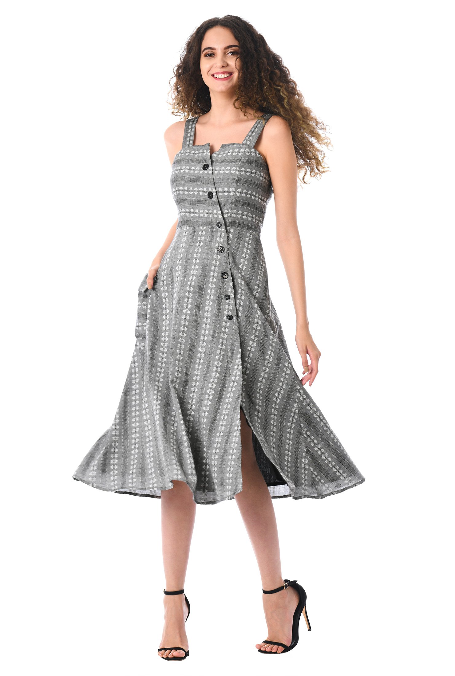 Shop Asymmetric button front stripe cotton jacquard dress | eShakti