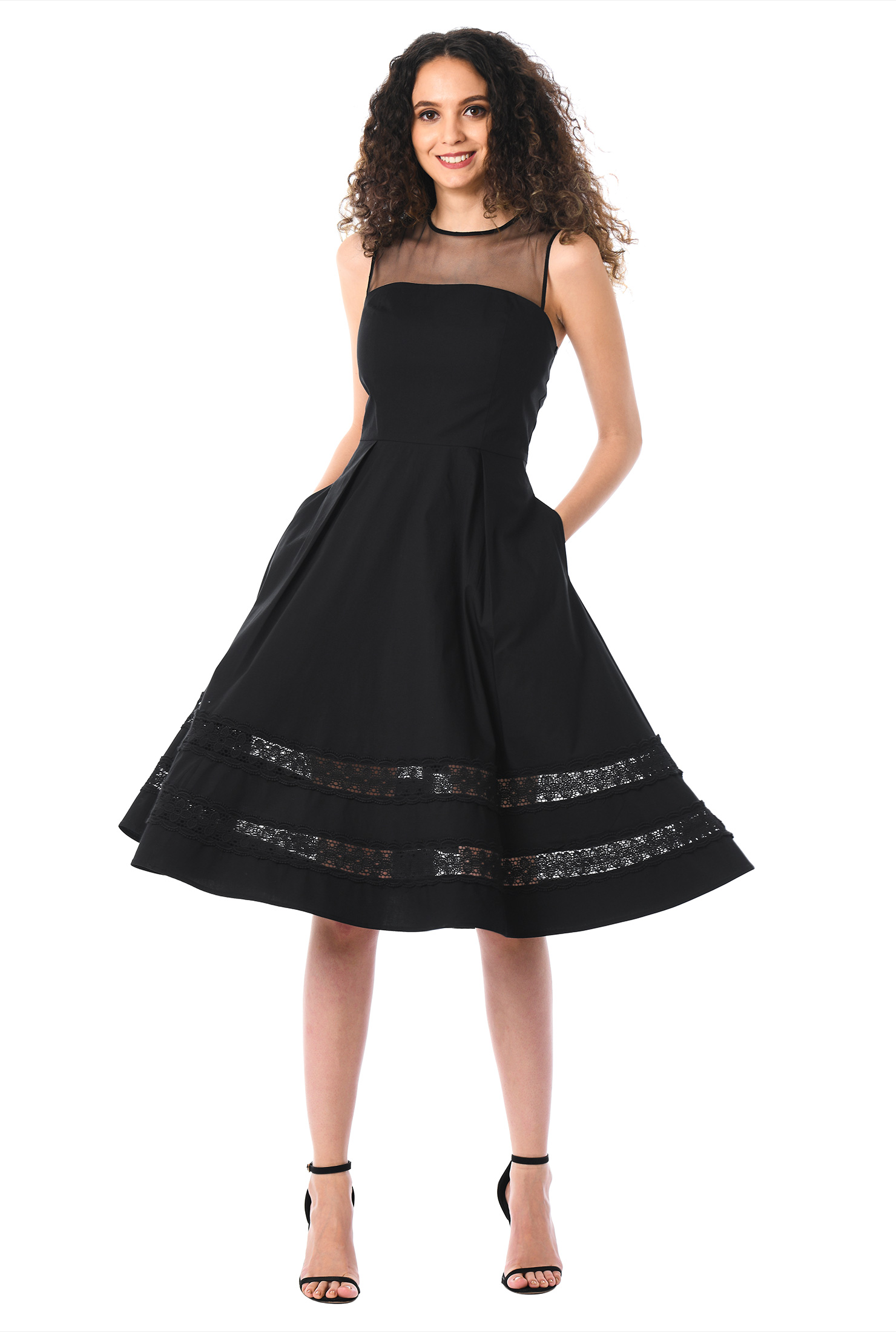 Shop Illusion yoke lace trim hem poplin dress | eShakti