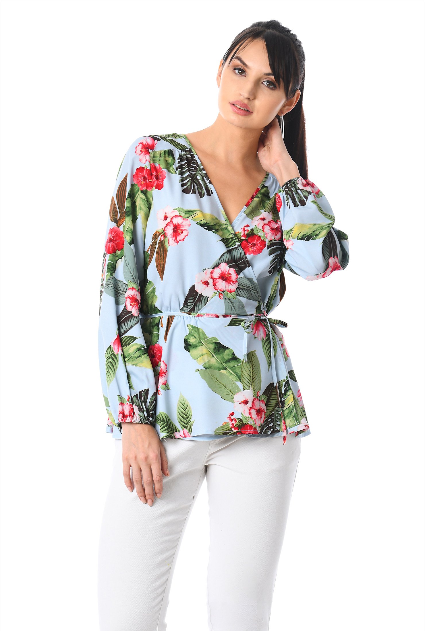 Shop Tropical floral print crepe wrap top | eShakti