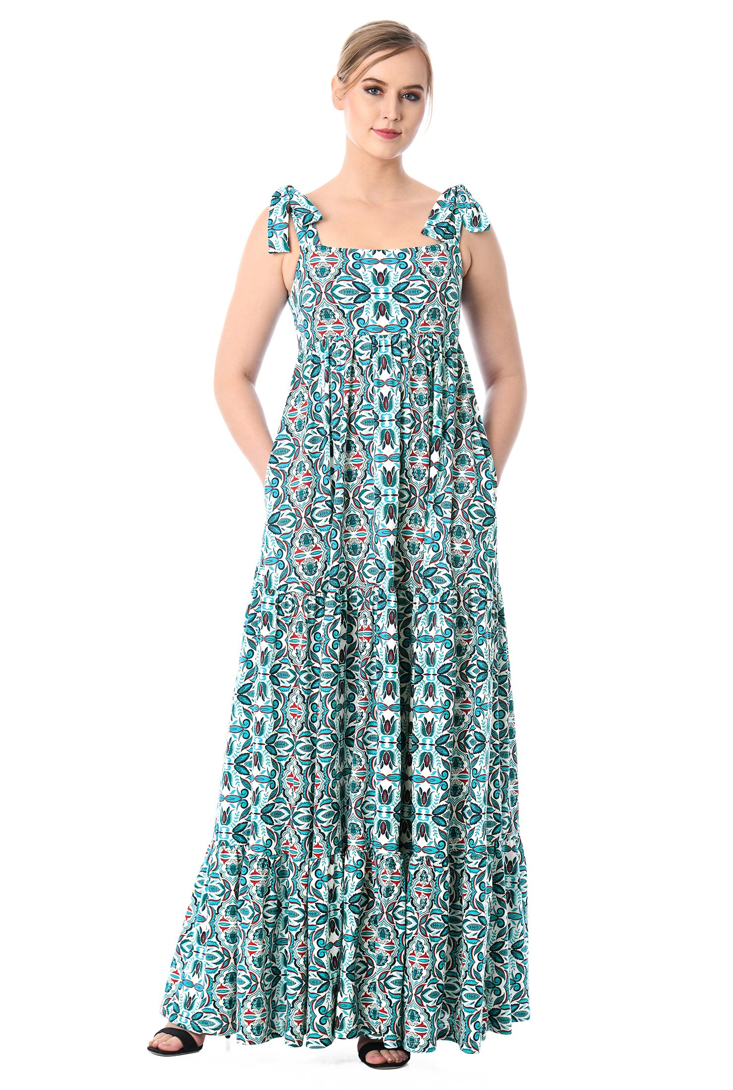 Shop Ornate leaf print cotton knit empire maxi dress eShakti