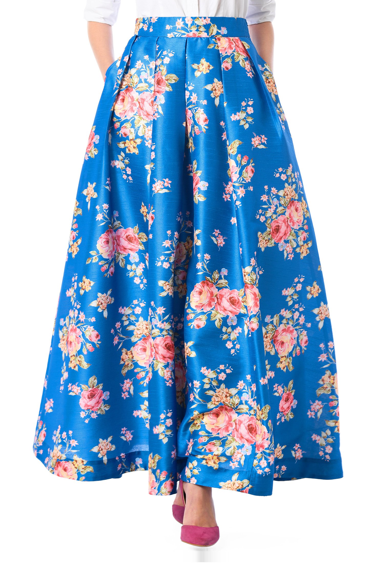 Shop Box-pleat floral print dupioni maxi skirt | eShakti