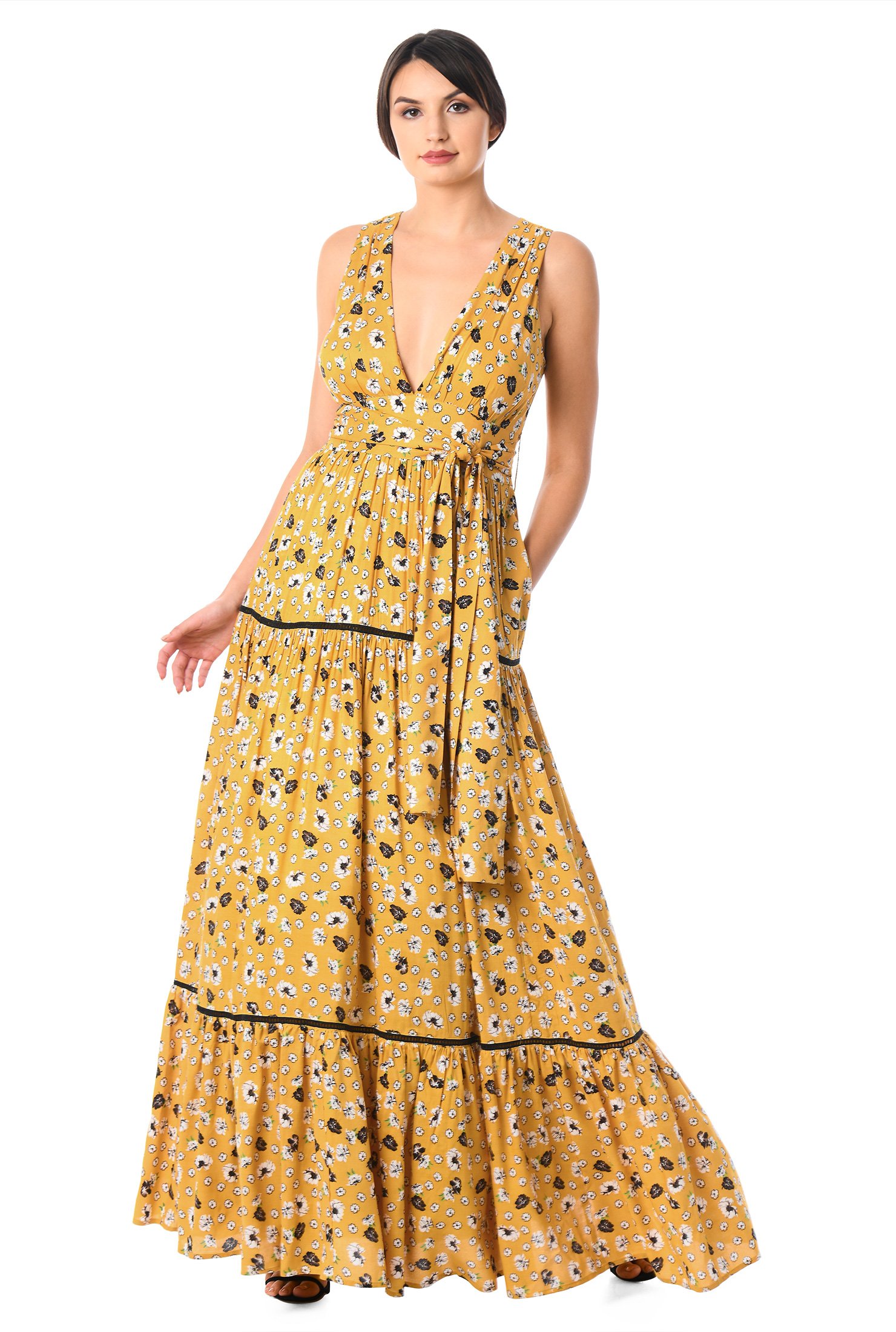 Shop Plunge floral print lattice tiered maxi dress | eShakti