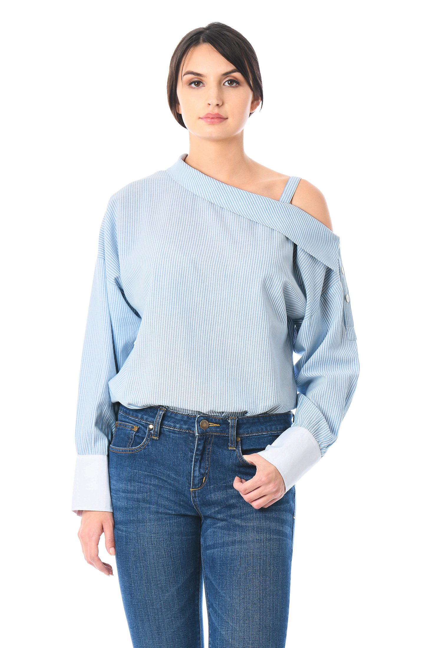 Shop Asymmetric collar button pinstripe cotton shirt | eShakti