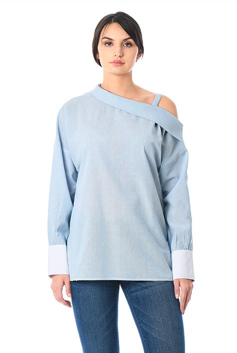 Shop Asymmetric collar button pinstripe cotton shirt | eShakti