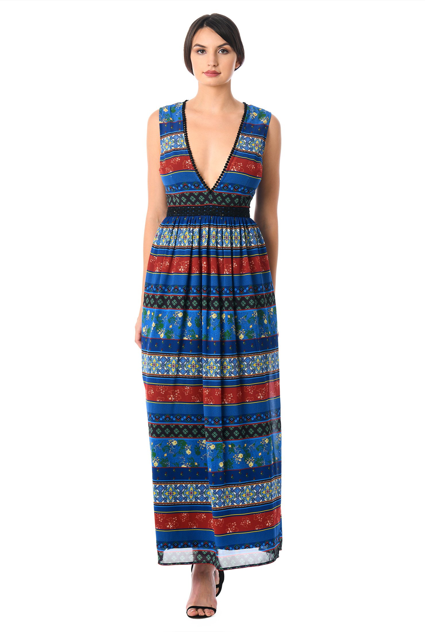Shop Plunge mixed stripe print georgette maxi dress | eShakti