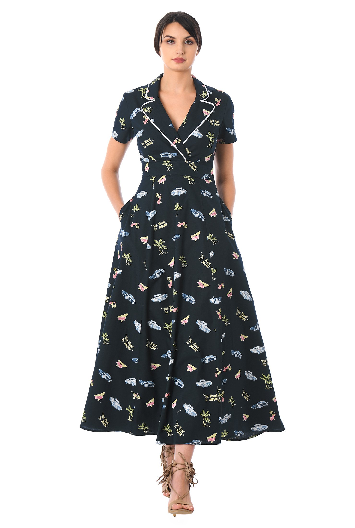 Shop Miami print cotton notch collar surplice dress | eShakti