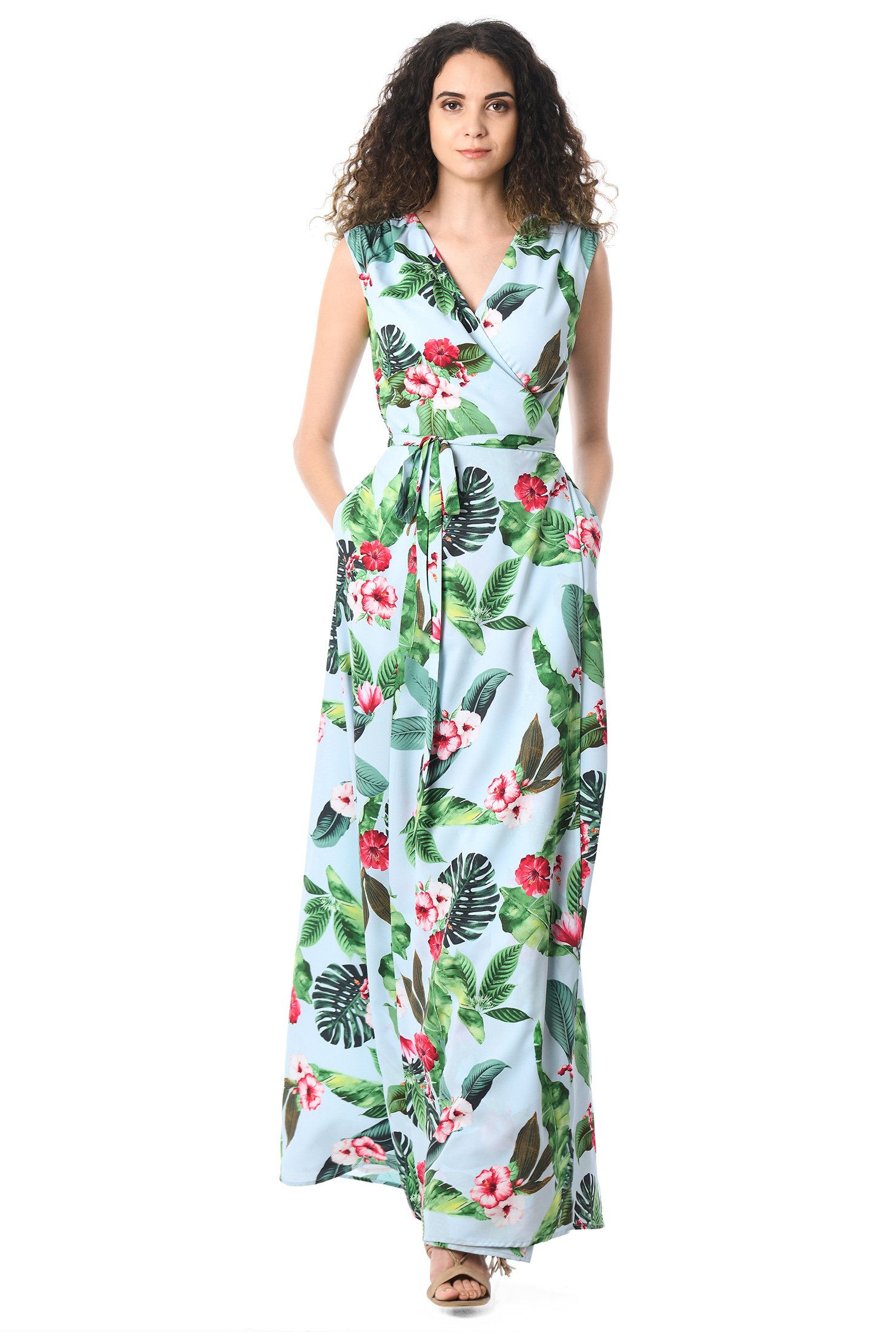 Shop Tropical Floral Print Crepe Maxi Wrap Dress Eshakti