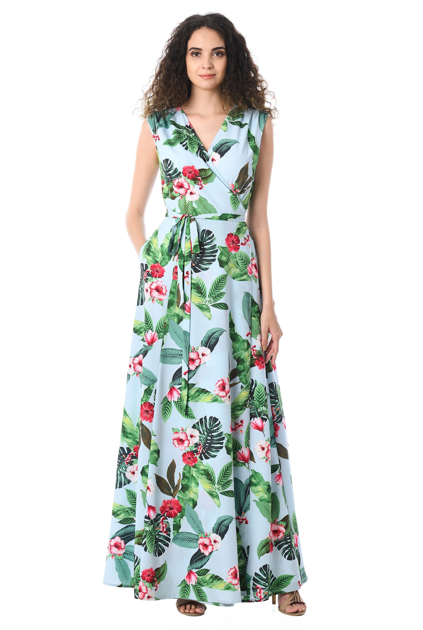 Shop Tropical floral print crepe maxi wrap dress | eShakti
