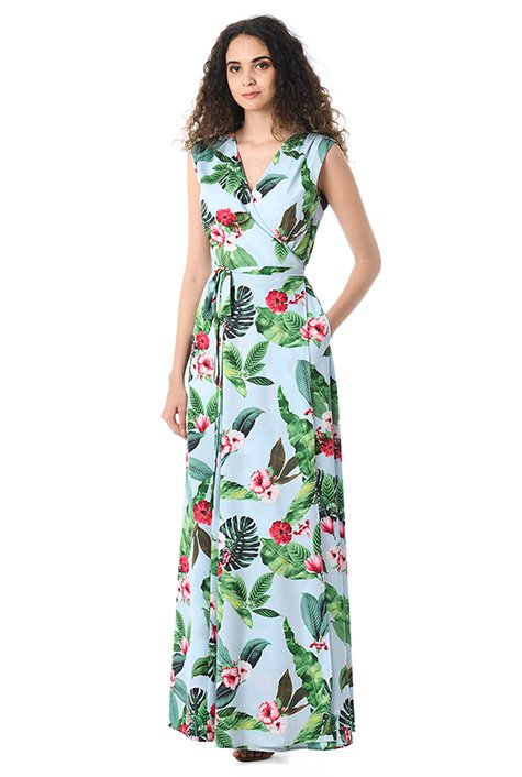 Shop Tropical floral print crepe maxi wrap dress | eShakti