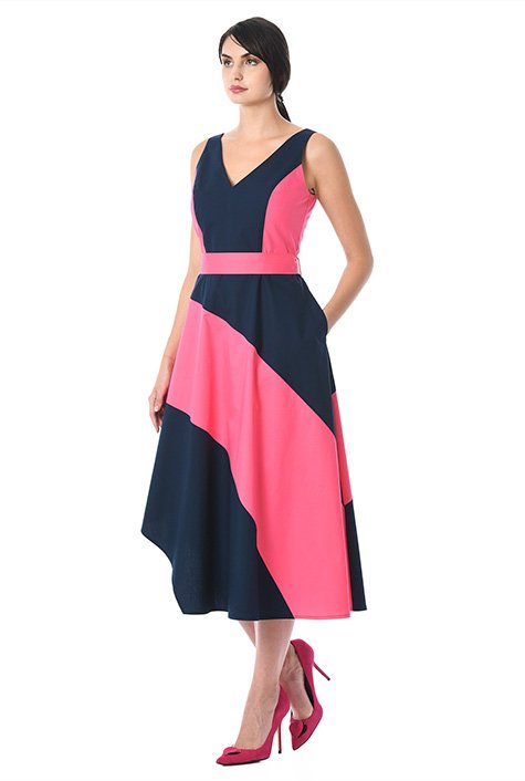 Shop Asymmetric hem colorblock poplin dress | eShakti