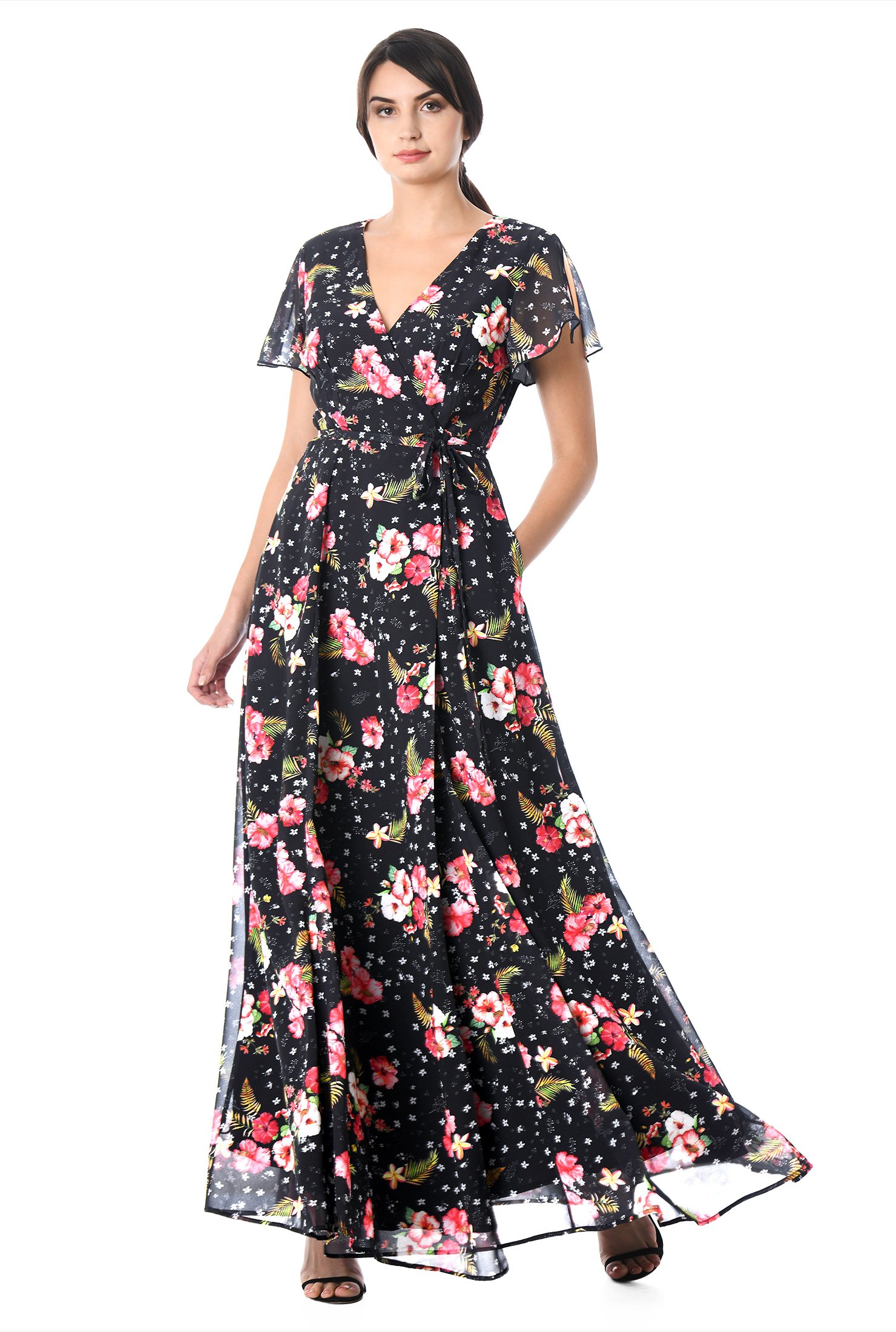 Shop Hibiscus print georgette wrap dress | eShakti