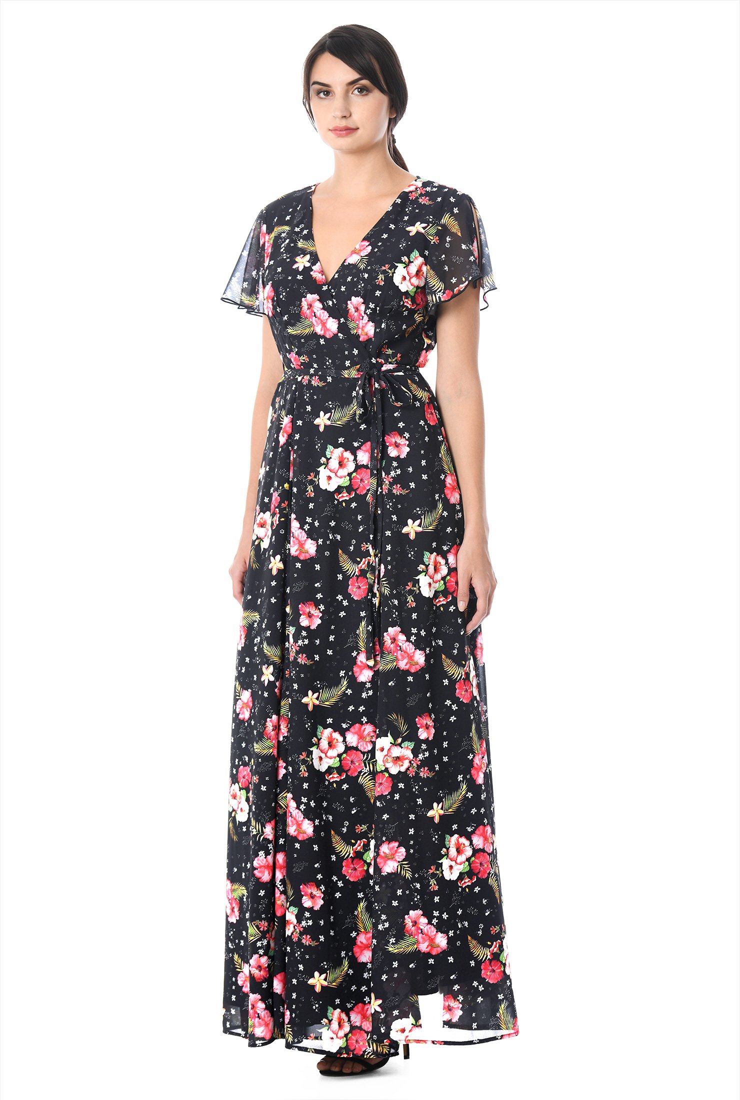 Shop Hibiscus print georgette wrap dress | eShakti