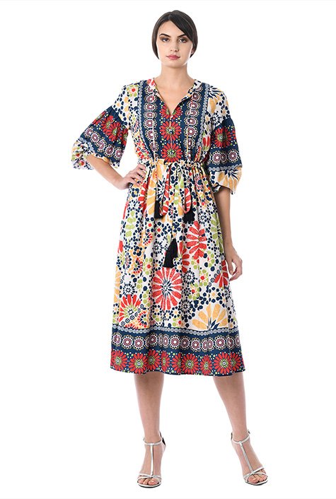 Shop Tile print ruched sleeve crepe dress | eShakti